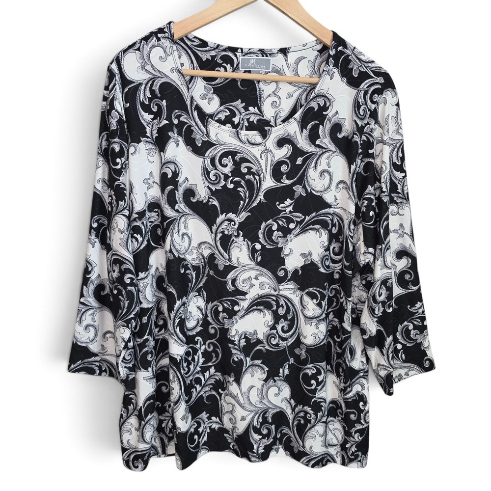 JM Collection Top Womens Plus 2X Black White Jacquard Textured Scoop Neck Blouse